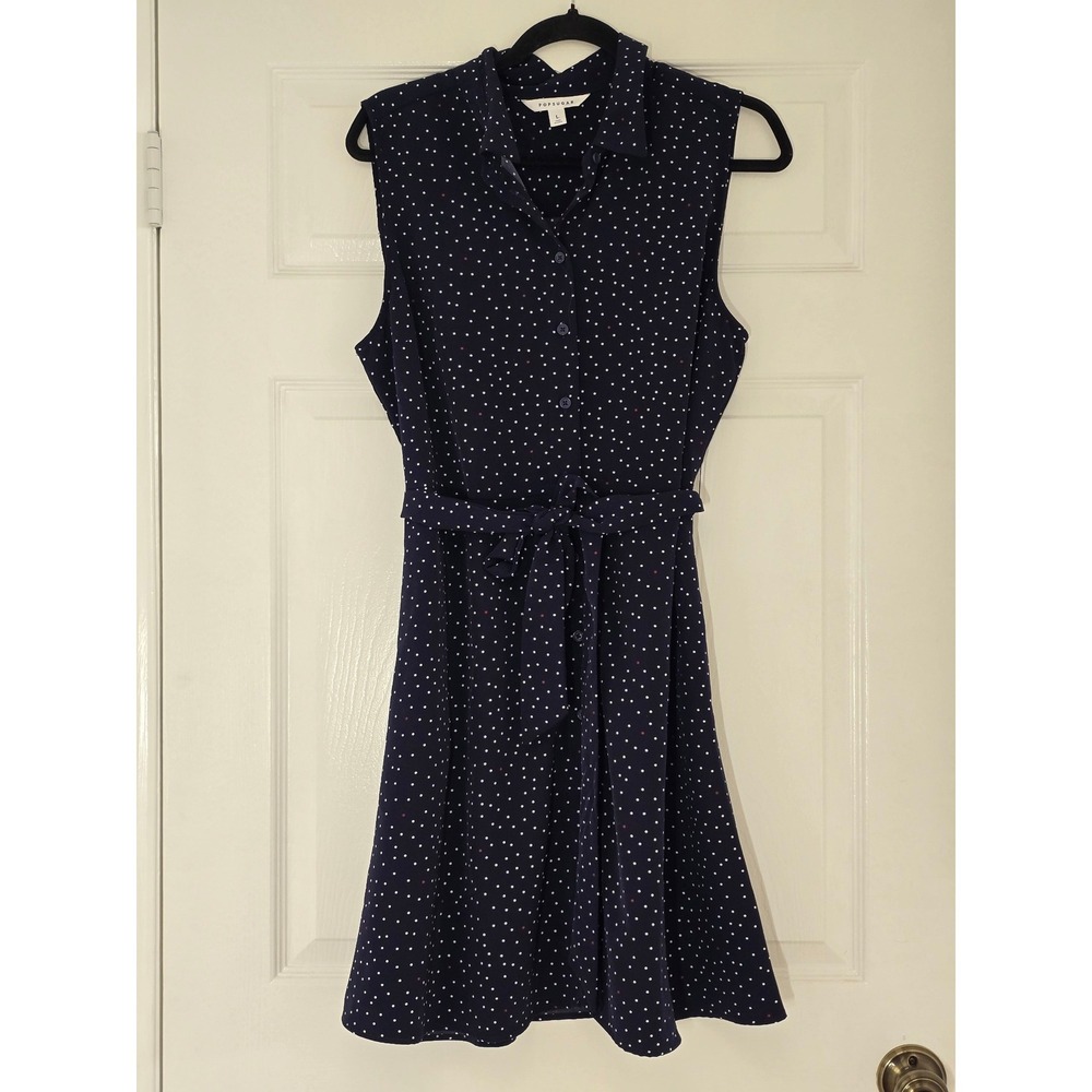 POPSUGAR Navy Blue Polka Dot Sleeveless Button Front Belted Shirt Dress Large